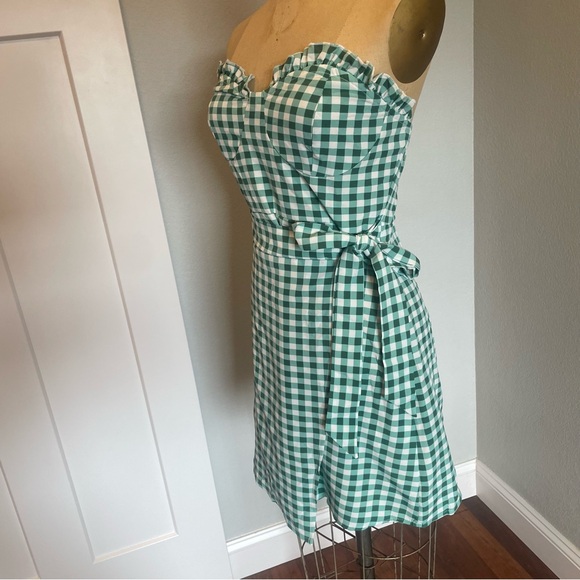 SHEIN- SZ M Green White VCAY Buffalo Plaid Frill Trim Wrap Knot Side Tube Dress - Picture 5 of 7
